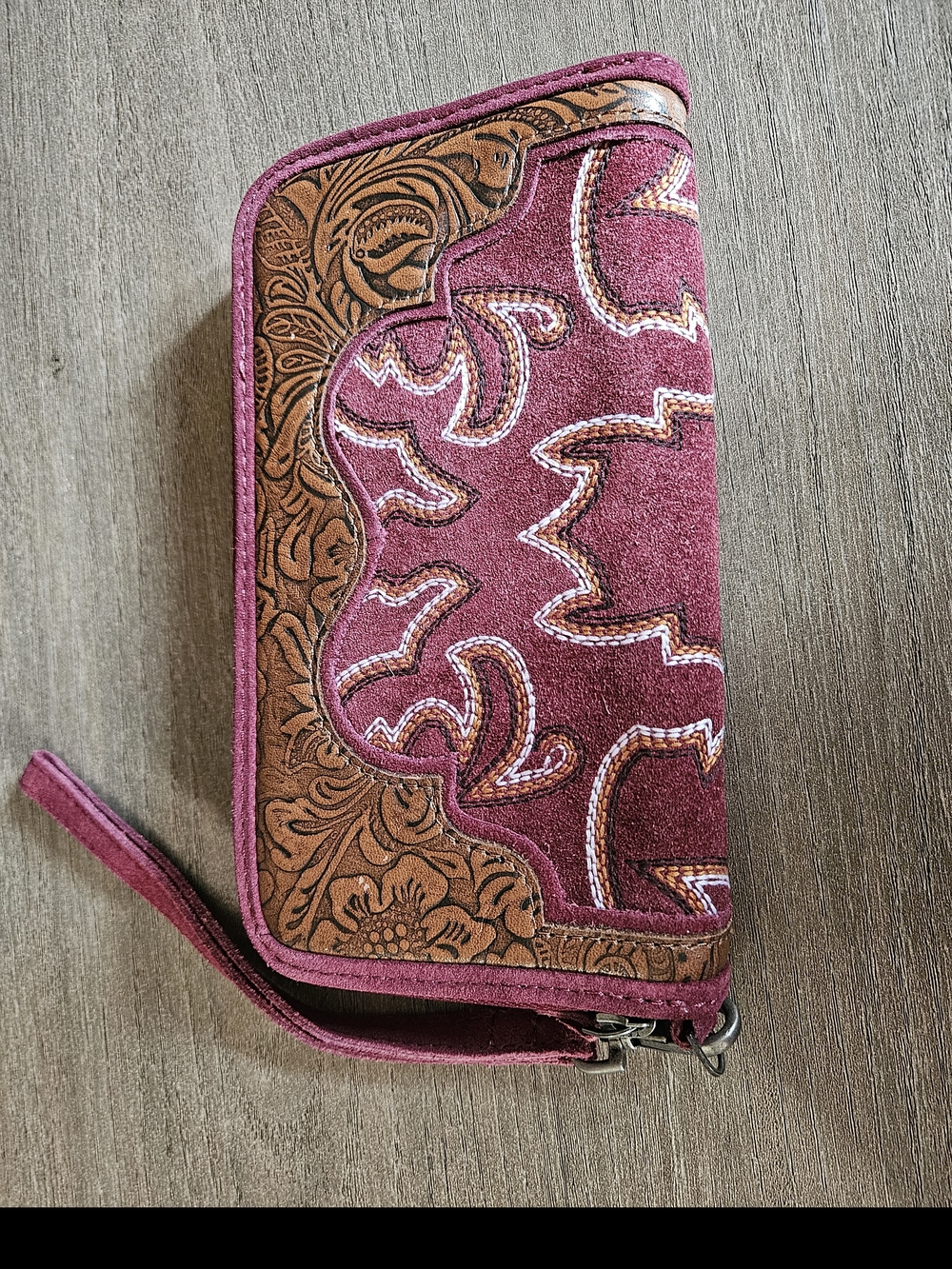 Myra Electric Desert Wine Wallet/ Wristlet featuring a rich wine-colored suede